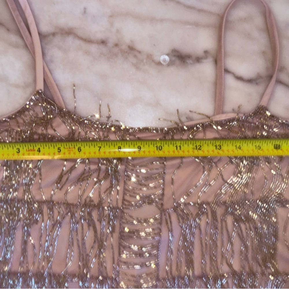 NWT Adrianna Papell Beaded Fringe Mesh Slip dress rose gold size 14 - Picture 12 of 14